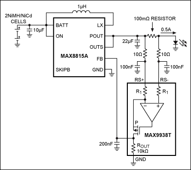 図2. 図1bにMAX9938Hなどの電流検出アンプが追加された回路で、電流検出抵抗の電力損失を小さくすることができ、図1に示す回路では電力損失が数百ミリワット以上となるのに対し、この回路では電力損失をわずか数十ミリワットに抑えることができます。