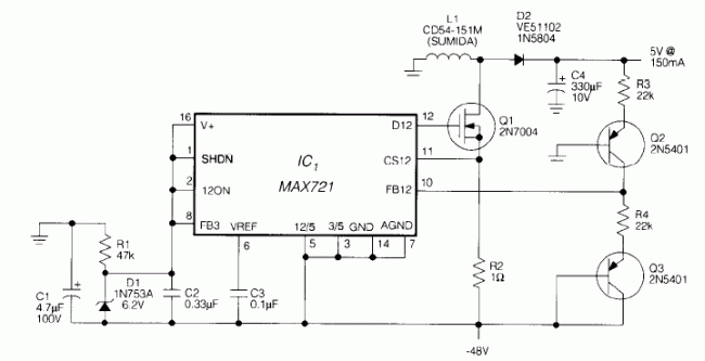 Figure 1. Unorthodox connections allow this switching-regulator IC to derive 5V @ 150mA from a -48V supply voltage.