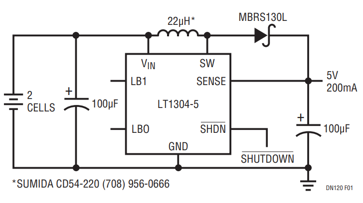 Figure 1. 2-Cell to 5V/200mA Boost Converter Requires Only Four External Parts.