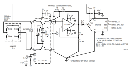 Figure 1. Differential to Single-Ended Converter for Low Level Inputs, Such as Bridges, Maintains the LTC2400’s High Accuracy.