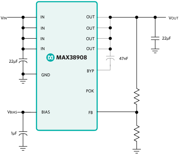 Figure 1. Application circuit for MAX38908.