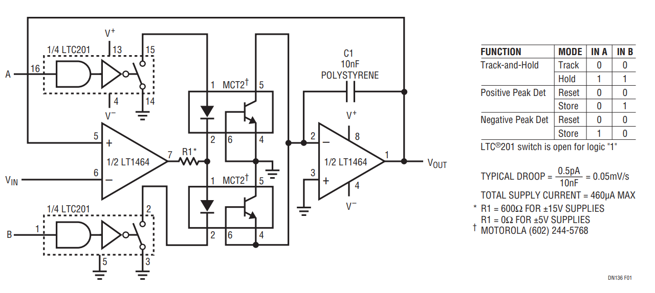 Figure 1. Low Droop Track-and-Hold/Peak Detector Circuit Takes Advantage of the LT1464's 0.5pA Input Bias Current.