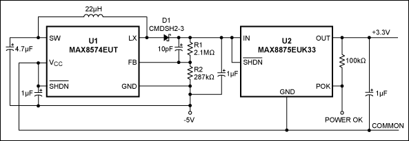 Figure 1. This 2-IC circuit converts a negative 5V input to a positive 3.3V output.