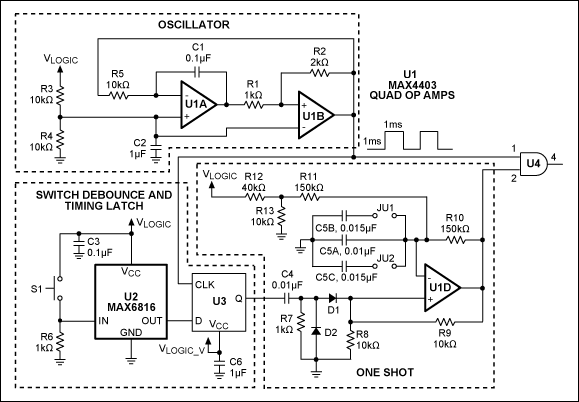 Figure 1. This serial-pulse generator is jumper-programmed to produce 1-, 2-, or 3-pulse bursts.