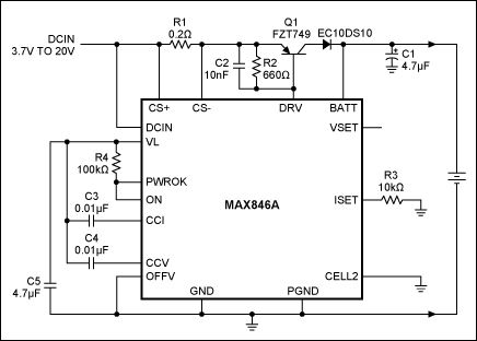 図1. このバッテリ充電回路は単一リチウムイオンセル用に設計されており、スタンドアロン型のクレードル充電器に最適です。