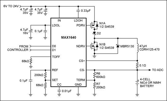 図2. この4セルNiCdまたはNiMHバッテリ充電器は大型機器に組み込むことができます。