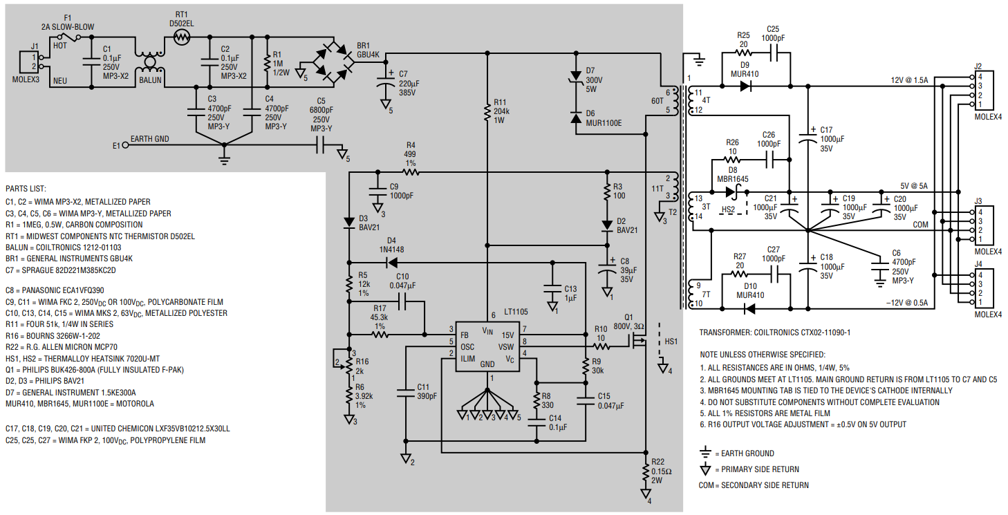 Figure 1. LT1105 Fully Isolated, Offline Flyback, 100kHz, 50W Converter with Load Regulation Compensation.