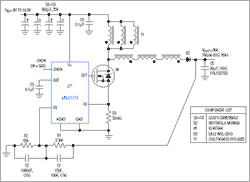 図1. ブーストコンバータ中にオートトランスを設け、放電コンデンサへの突入電流を減ずる回路。小容量コンデンサが使用でき、MOSFETの電圧定格の低減が可能。