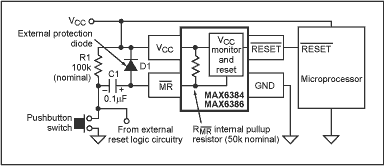 Figure 2. This one-shot manual reset circuit is implemented with an active-low MR pulldown capacitor.