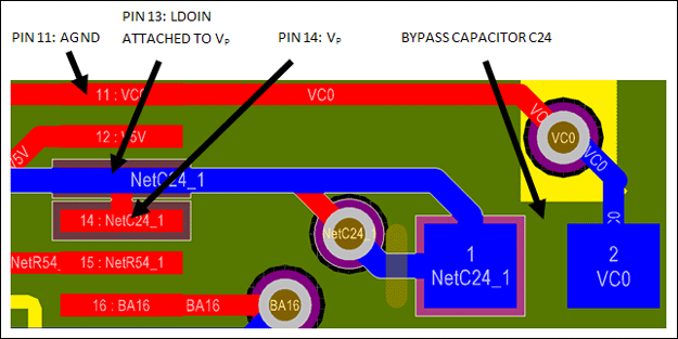 Figure 2. MAX14921 pin 14 bypass capacitor example.