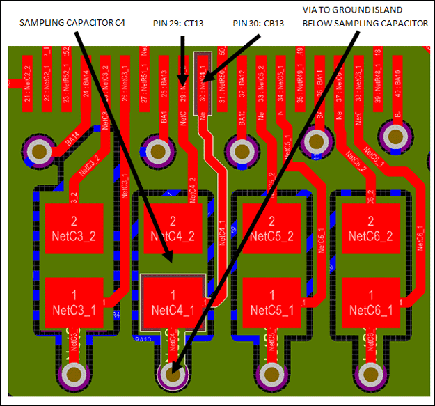 Figure 6. Minimizing stray capacitance at the sampling capacitors—Layer 3 (yellow) hidden to improve clarity.