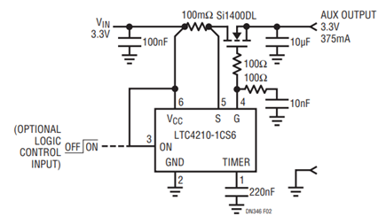 Figure 2. Optional 3.3VAUX Port Power with Self Reseting, Current-Limited Circuit Breaker Operates  Autonomously or Under Logic Control.