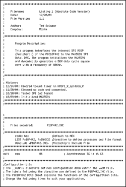 リスト1. この実例のアセンブリプログラムはPIC18F442内蔵のMSSP SPIペリフェラルを用いて、MAX5591にインタフェースします。