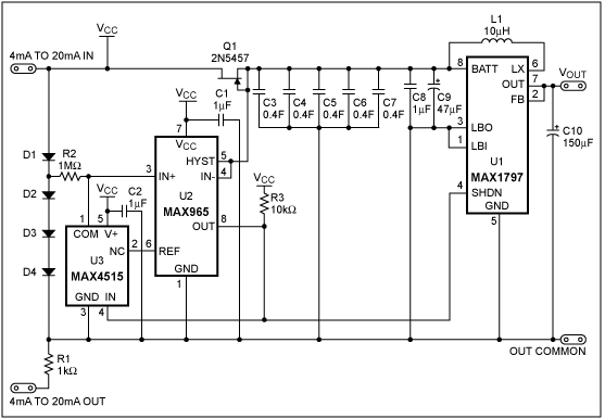 Figure 1. A 2F capacitor bank (C3 - C7) stores energy for later use. The boost converter (U1) generates a +3.3V supply capable of delivering 250mA for up to 2.8 seconds.