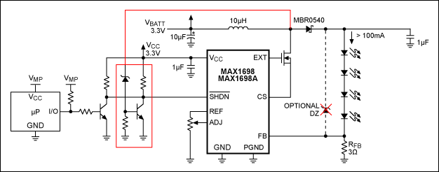 Figure 3. Adding a zener diode and transistor to the Figure 1 circuit provides low-power protection for the MOSFET and Schottky diode.