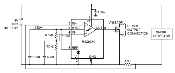 Figure 1. By sensing an increase in battery current when the smoke detector's sounder activates, this circuit produces an open-drain remote output for the detector.