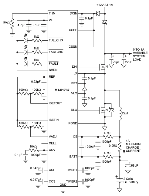 Figure 2. Disabling the source-current loop of the MAX1737 reduces cost and size by eliminating seven components. With the source-current loop disabled, the power source must be able to supply the maximum battery charging current and the maximum system load current.