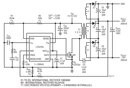 Figure 1. Dual Output SLIC Supply with the LTC3704 Simplifiers Feedback.