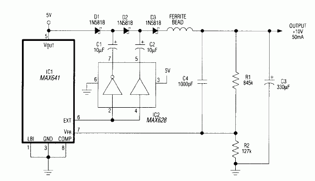 Figure 1. The diode-capacitor tripler network in this step-up switching regulator develops 10V from a 5V input, and delivers 50mA.