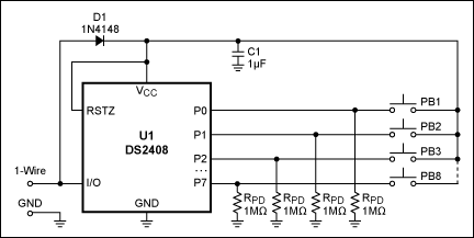 Figure 1. Connected to a microcontroller, this circuit can monitor 8 pushbuttons using only two wires.