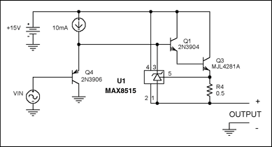 Figure 2. Substituting a shunt regulator (U1) for Q2 in the Figure 1 circuit improves the current-limit accuracy.