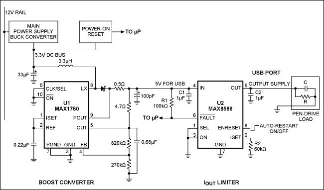 Figure 1. While generating 5V for the USB port, this circuit also limits peak inrush currents at the moment of insertion (at the USB connector), and limits operating current to 500mA as required by the port.