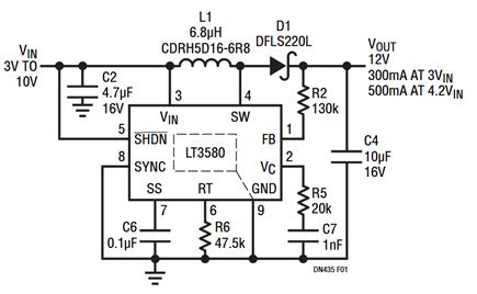 Figure 1. 3V-10V to 12V, 300mA Boost Converter.