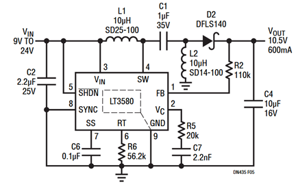 Figure 5. 9V-24V to 10.5V, 600mA SEPIC Converter.