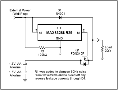 Figure 1. Diagram of a circuit that provides battery/wall-source switchover while debouncing the wall-source output..