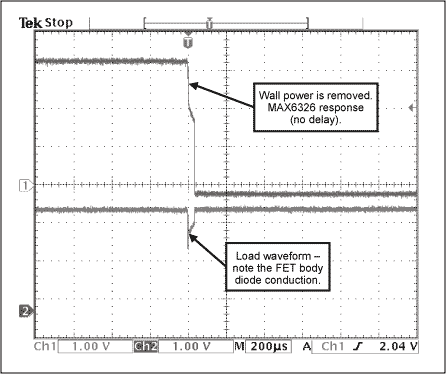 Figure 4. Diagram of how as wall power is removed in Figure 1 (indicated by U1's response in the top trace), the load response (bottom trace) shows the effect of a voltage drop across Q1's body diode.