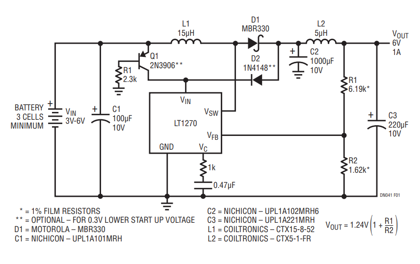 Figure 1. Low Voltage Circuit Provides Constant Output Voltage as Battery Discharges.