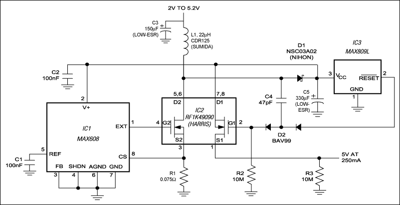 Figure 1. To ensure a full-load start-up, the extra circuitry in this regulated boost converter disconnects the load until the output voltage achieves regulation.