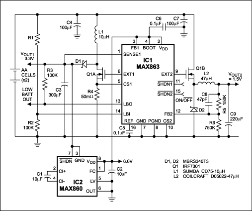 Figure 1. Powered by two AA cells, this circuit generates dual supply rails for a portable µP system.