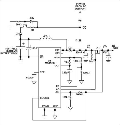 Figure 2. This boost converter circuit provides uninterruptible power with maximum efficiency and maximum battery life.