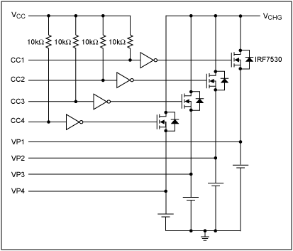 Figure 1. A diagram of an example application for the DS2714 that uses NMOS, instead of pnp, transistors.