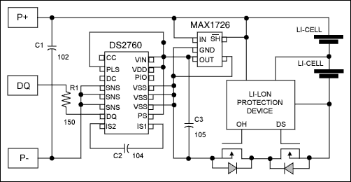 Figure 1. Example schematic of the DS2760 in a 2-cell Li-Ion/Polymer battery pack.