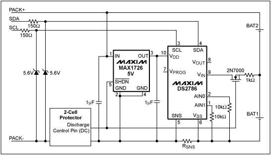 図1. DS2786の2セルリチウムイオン/ポリマーパックで使用する回路。