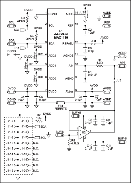 Figure 1. MAX1169 EV kit schematic.