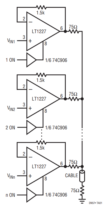 Figure 1. Lots of Inputs Video MUX Cable Driver (LT1227).