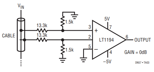 Figure 3. Differential Input Video Loop Through Amplifier Using a Video Difference Amplifier (LT1194).