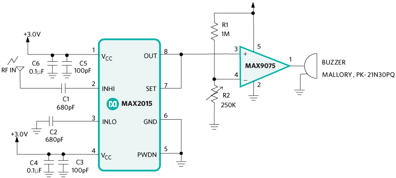 Figure 4. This circuit sounds a buzzer alarm when it detects an RF signal in the range of 100MHz to 3000MHz with approximately -35dBm power level.