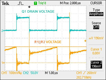 Figure 6. Switching MOSFET voltage and current-sense resistor voltage