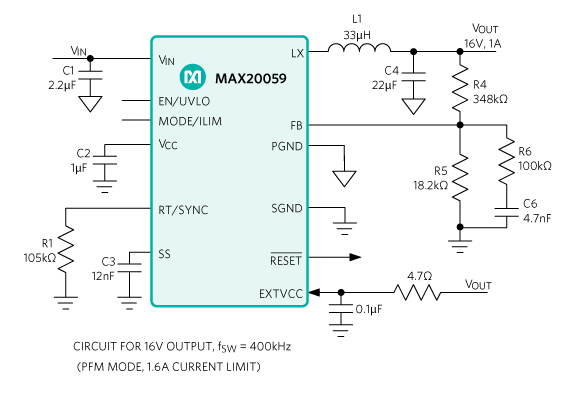 Figure 6. 48VIN to 16VOUT buck converter with 400kHz switching frequency.