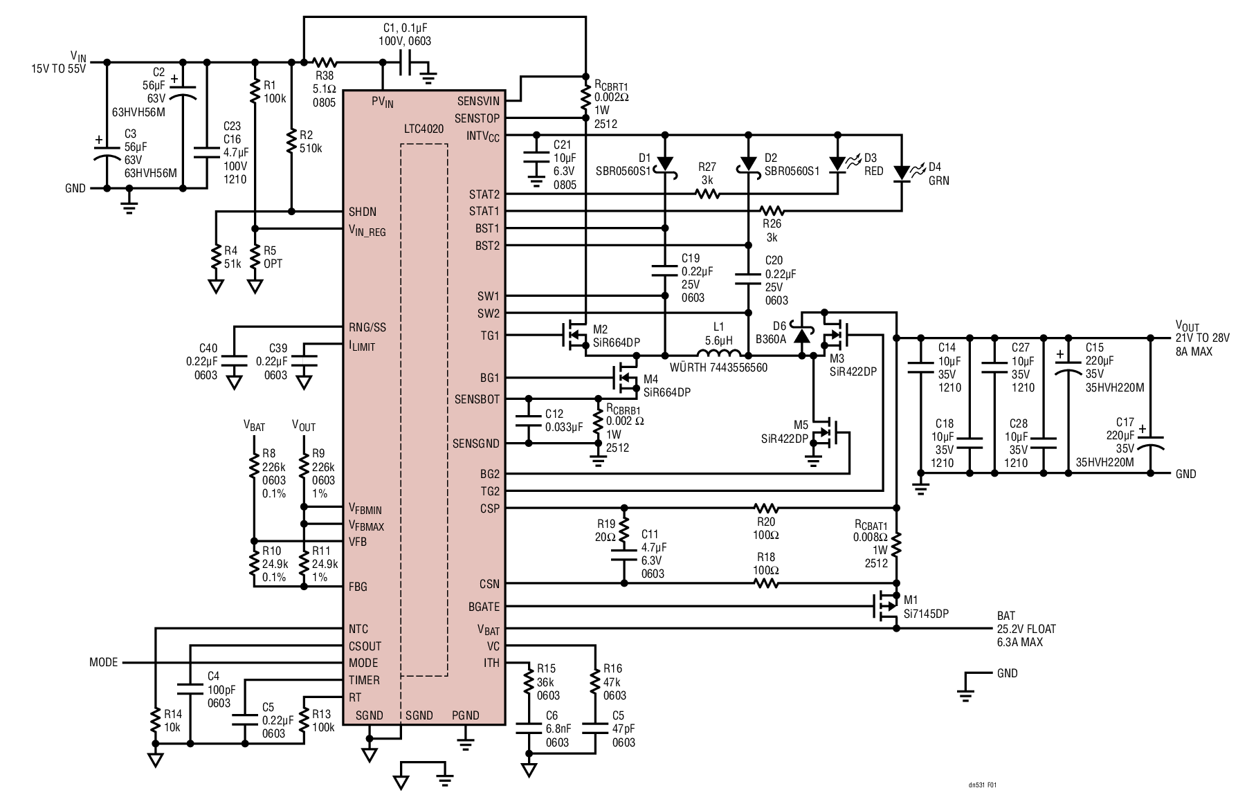 図 1．15V ～ 55V 入力、25.2V/6.3A 昇降圧バッテリ・チャージャ