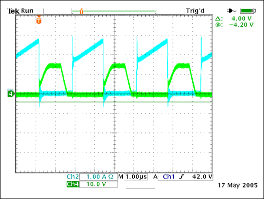 図8. 最大負荷で48VDC入力におけるQ7の電流とQ5のVGS