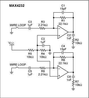 図1. MAX4232デュアルオペアンプのRFノイズ耐性テストを行うためのテスト回路の接続。