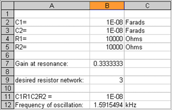 Figure 2. Example of Wien-bridge component values.