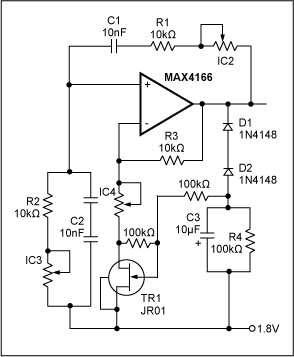 Figure 4. A Wien-bridge oscillator with a JFET and a digipot in the feedback network.