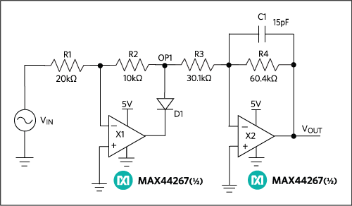 This circuit implements a full-wave rectifier using single-supply op amps.