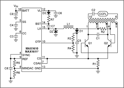 図1. CCFL回路では蛍光管に高電圧を供給するためにトランスが必要となります。